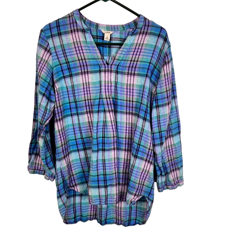 LL Bean Linen Plaid Tunic Shirt‎ Top Size L Blue Purple Green 3/4 Sleeve (O514)